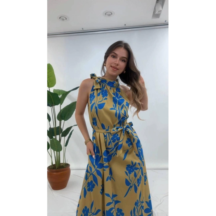 BOYUNDAN BAĞLAMALI ÇİÇEKLİ ELBİSE