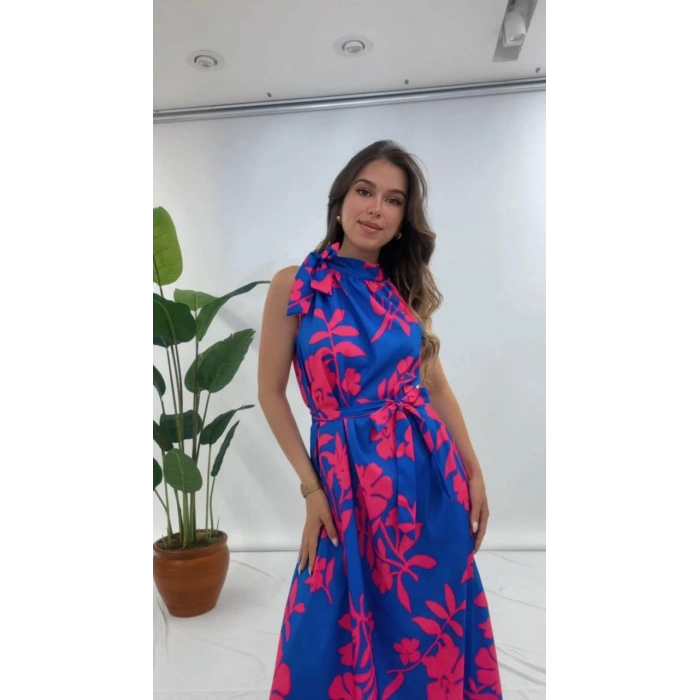 BOYUNDAN BAĞLAMALI ÇİÇEKLİ ELBİSE