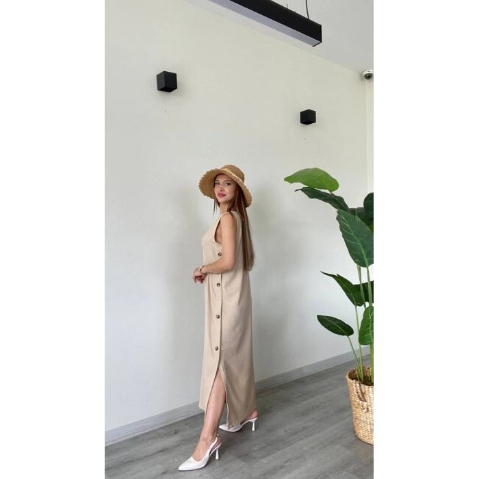DÜĞME DETAYLI UZUN ELBİSE