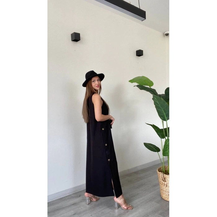 DÜĞME DETAYLI UZUN ELBİSE
