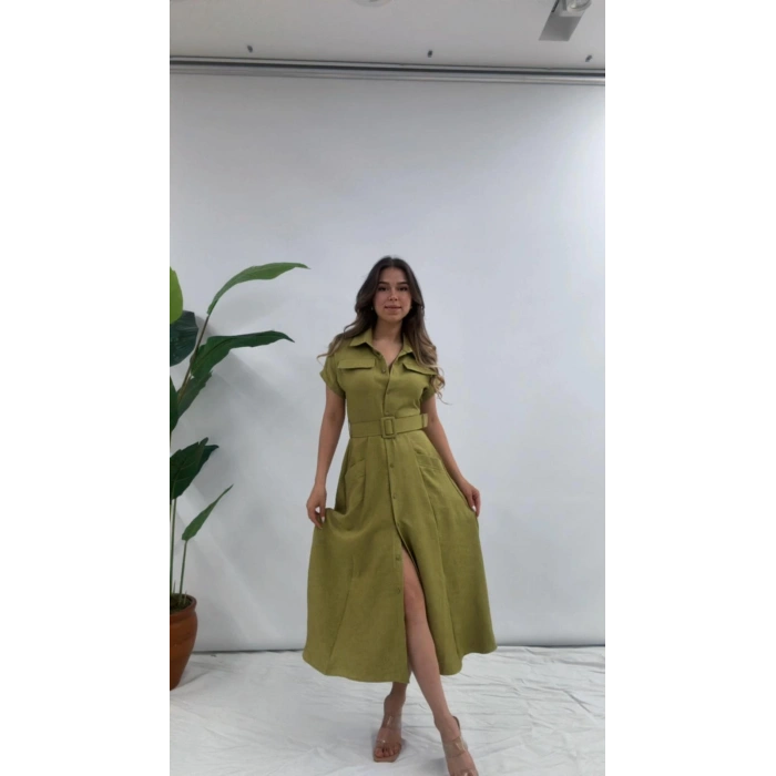 GÖMLEK YAKA KEMERLİ ELBİSE