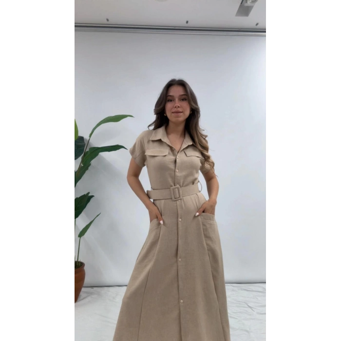 GÖMLEK YAKA KEMERLİ ELBİSE