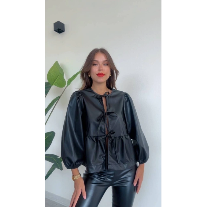 ÖNDEN BAĞLAMA DETAYLI DERİ BLUZ