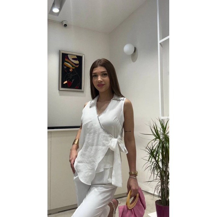 TAŞ DETAYLI BAĞLAMALI GÖMLEK