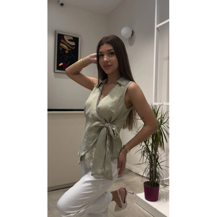 TAŞ DETAYLI BAĞLAMALI GÖMLEK