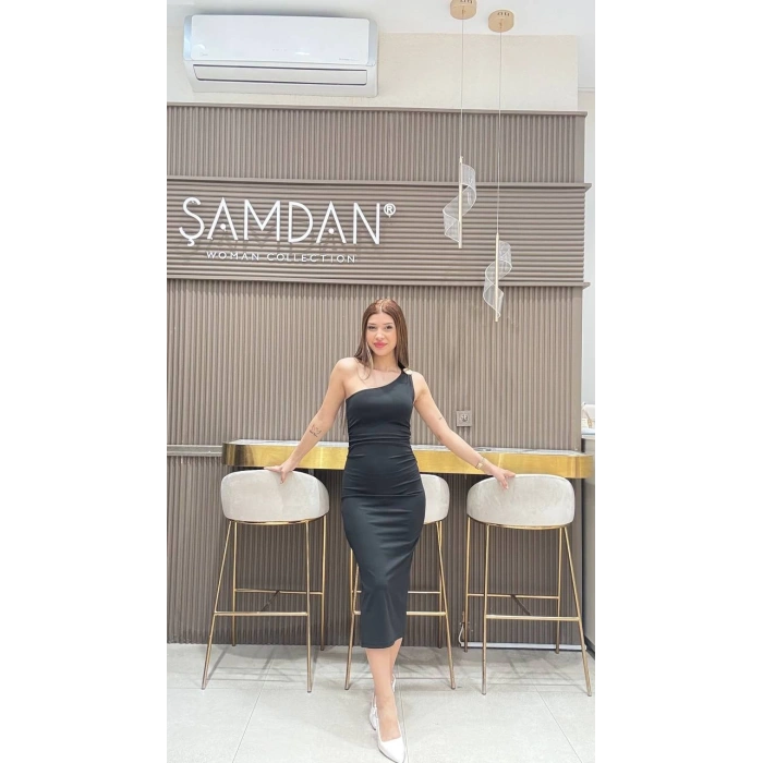 TEK OMUZ DETAYLI MİDİ ELBİSE