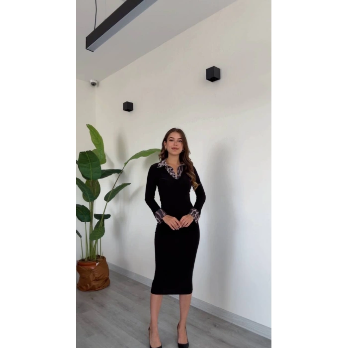 YAKASI LEOPAR DETAYLI MİDİ ELBİSE