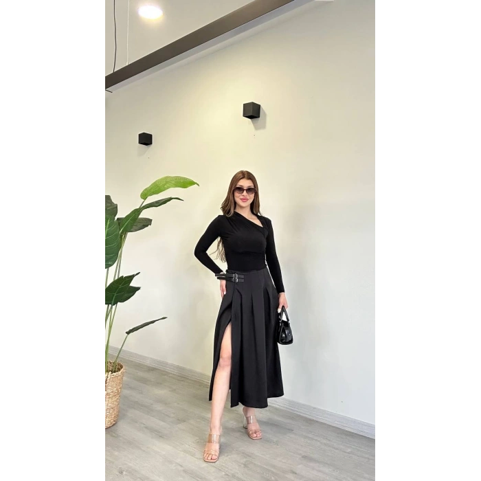 YIRTMAÇLI KEMER DETAY MİDİ ETEK