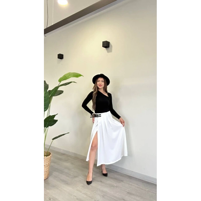 YIRTMAÇLI KEMER DETAY MİDİ ETEK