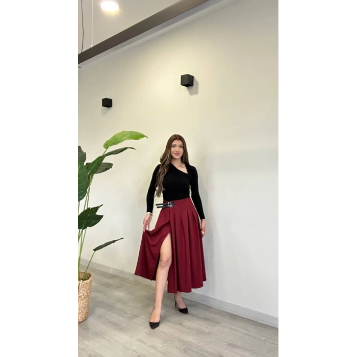 YIRTMAÇLI KEMER DETAY MİDİ ETEK