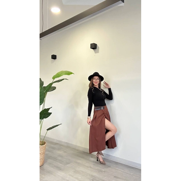 YIRTMAÇLI KEMER DETAY MİDİ ETEK