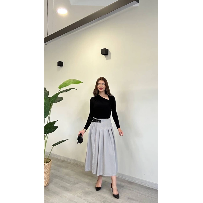 YIRTMAÇLI KEMER DETAY MİDİ ETEK