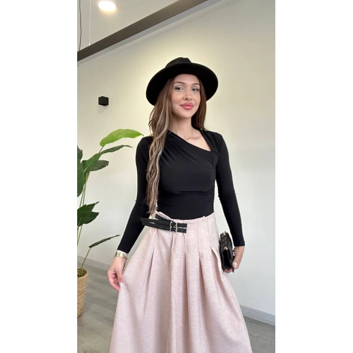 YIRTMAÇLI KEMER DETAY MİDİ ETEK