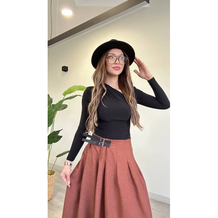 YIRTMAÇLI KEMER DETAY MİDİ ETEK