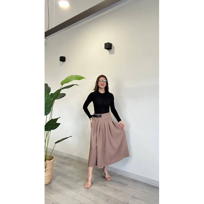 YIRTMAÇLI KEMER DETAY MİDİ ETEK