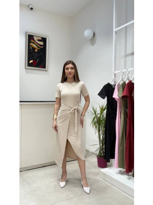 BAĞLAMA DETAYLI SANDY ELBİSE