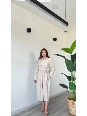 BAĞLAMALI UZUN POPLİN ELBİSE