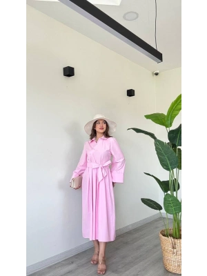 BAĞLAMALI UZUN POPLİN ELBİSE