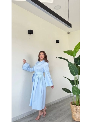 BAĞLAMALI UZUN POPLİN ELBİSE