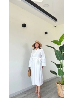 BAĞLAMALI UZUN POPLİN ELBİSE