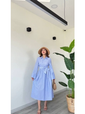 BAĞLAMALI UZUN POPLİN ELBİSE