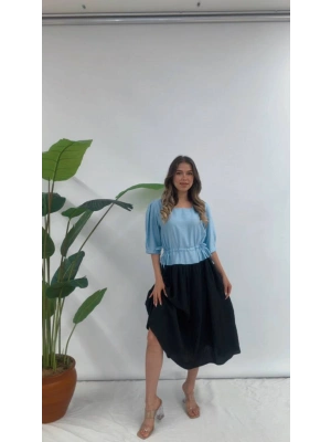 BELİ BÜZGÜLÜ ELBİSE