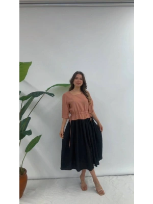 BELİ BÜZGÜLÜ ELBİSE