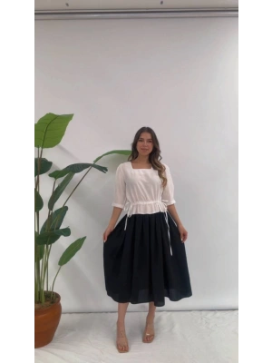 BELİ BÜZGÜLÜ ELBİSE