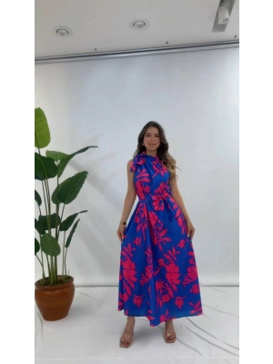 BOYUNDAN BAĞLAMALI ÇİÇEKLİ ELBİSE