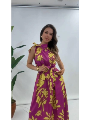 BOYUNDAN BAĞLAMALI ÇİÇEKLİ ELBİSE