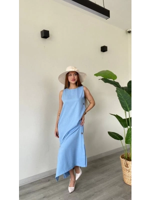 DÜĞME DETAYLI UZUN ELBİSE