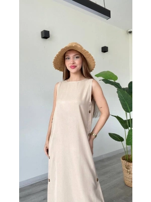 DÜĞME DETAYLI UZUN ELBİSE