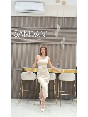 TEK OMUZ DETAYLI MİDİ ELBİSE