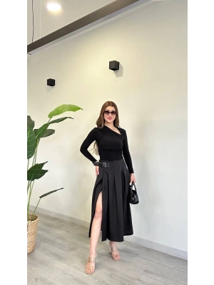 YIRTMAÇLI KEMER DETAY MİDİ ETEK