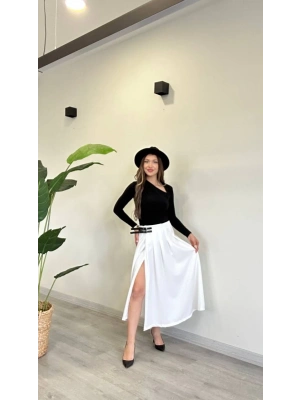 YIRTMAÇLI KEMER DETAY MİDİ ETEK