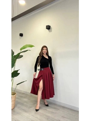 YIRTMAÇLI KEMER DETAY MİDİ ETEK