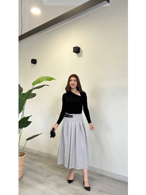 YIRTMAÇLI KEMER DETAY MİDİ ETEK