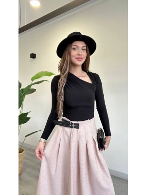 YIRTMAÇLI KEMER DETAY MİDİ ETEK