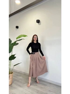 YIRTMAÇLI KEMER DETAY MİDİ ETEK