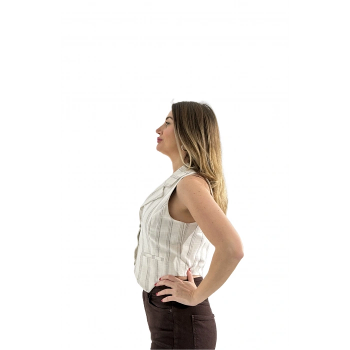 Bej Çizgili Flam Yelek