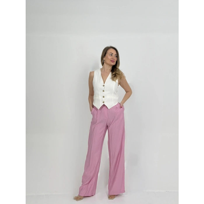 Yüksel Bel Bol Paça Pantolon Pembe