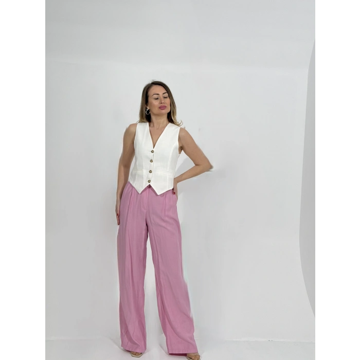 Yüksel Bel Bol Paça Pantolon Pembe