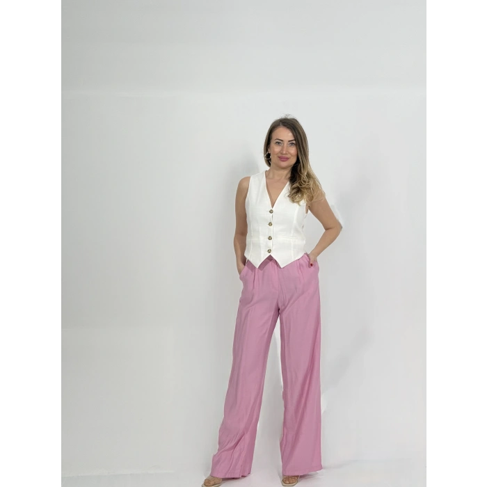 Yüksel Bel Bol Paça Pantolon Pembe