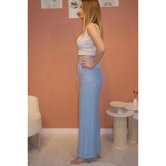 Beli Lastikli Cep Detaylı Bol Paça Pantolon Mavi