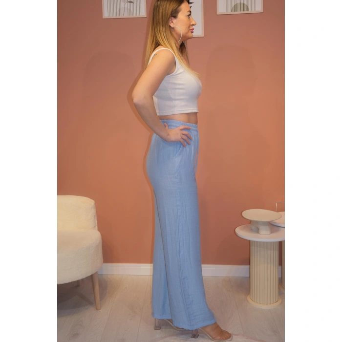 Beli Lastikli Cep Detaylı Bol Paça Pantolon Mavi