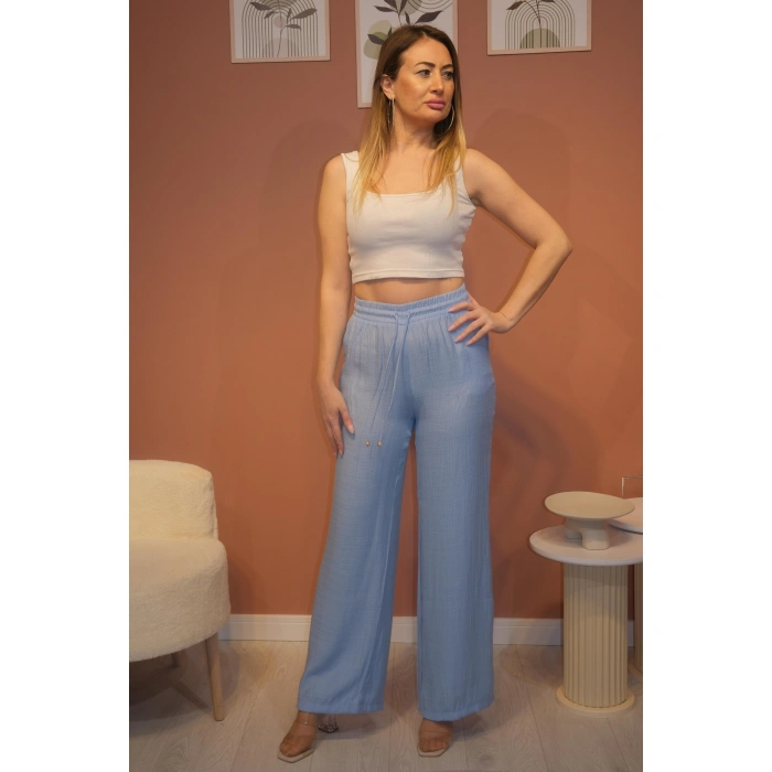 Beli Lastikli Cep Detaylı Bol Paça Pantolon Mavi