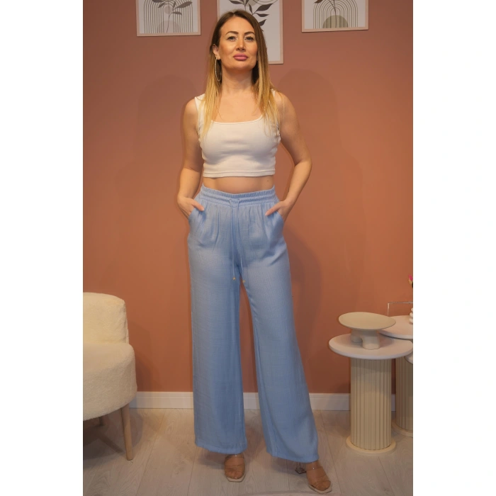 Beli Lastikli Cep Detaylı Bol Paça Pantolon Mavi