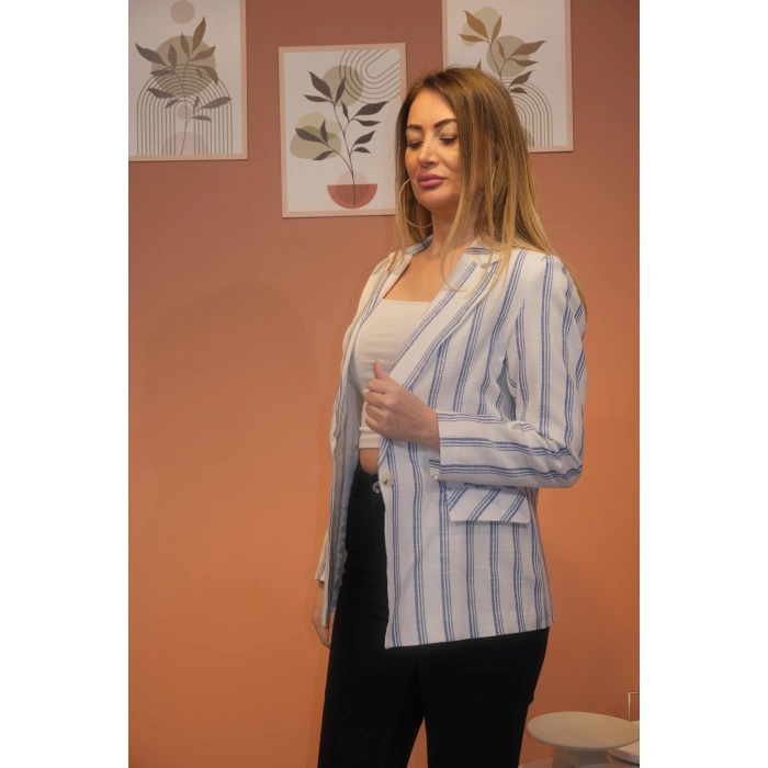 BLAZER KETEN MAVİ ÇİZGİLİ CEKET