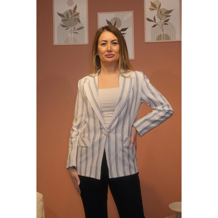 BLAZER KETEN MAVİ ÇİZGİLİ CEKET