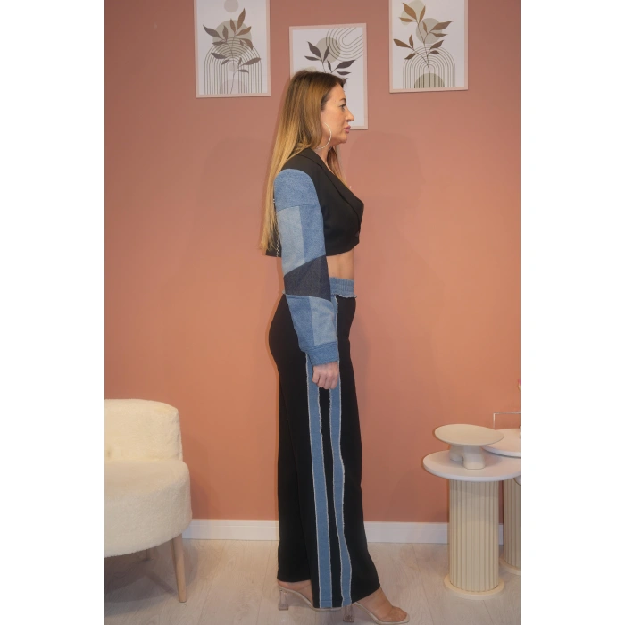 DENİM VE NAKIŞ DETAYLI CROP CEKET